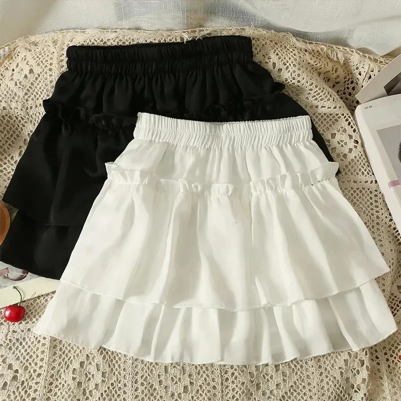 Summer Kawaii White Ruffles Skirt Women Fashion Slim Fit Chiffon Mini Skirts Girls Y2k All Match Elastic High Waist Black Skirts 250715