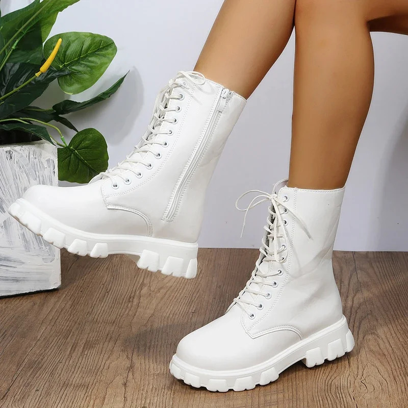 Boots Women Autumn Winter PU Leather White Ankle Boots Motorcycle Botines Female Chunky Heels Platform Boots Botas Mujer 250723