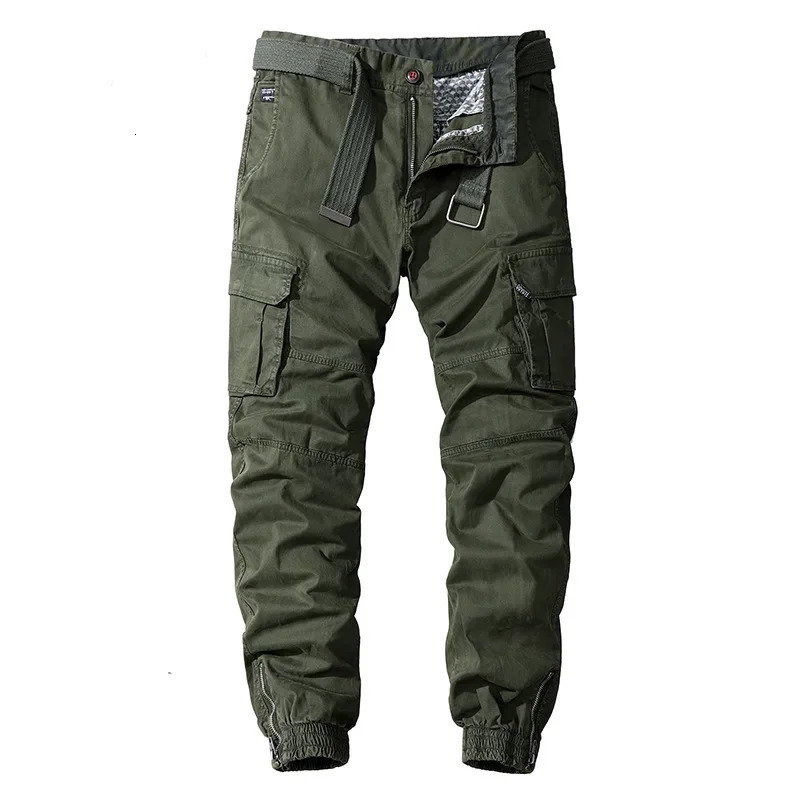 2025 Mens Cargo Pants Multi-Pocket Casual Joggers Trousers Mens Military Zipper Full Length Solid Color Casual Pants No Belt 250729