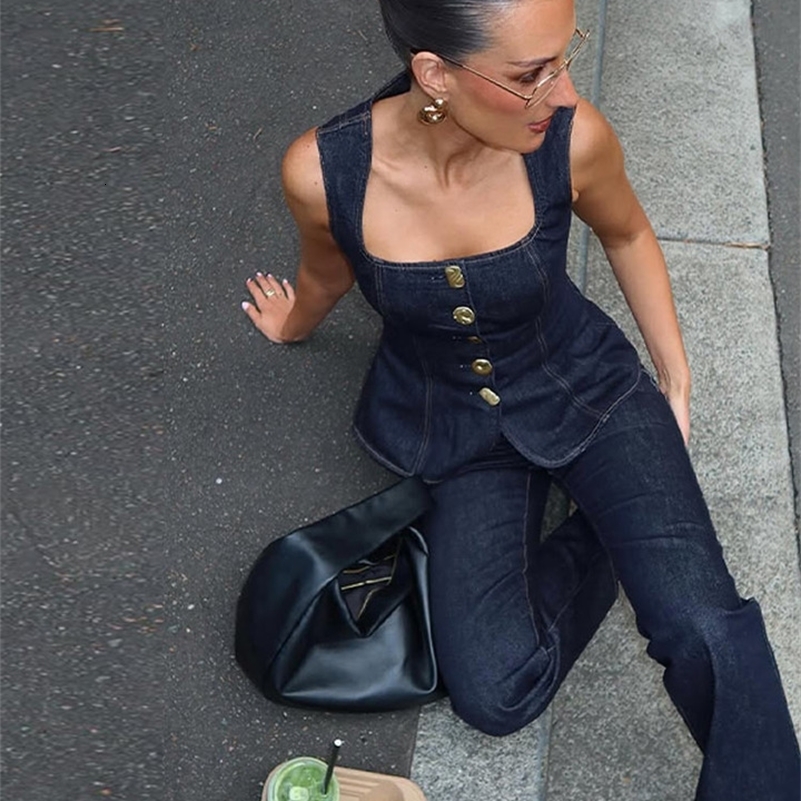Street Denim Pants Set Women Sleeveless Single Breasted Slim Square Collar Tank High Waist Straight Jeans 2025 Summer Lady Suit yy250724