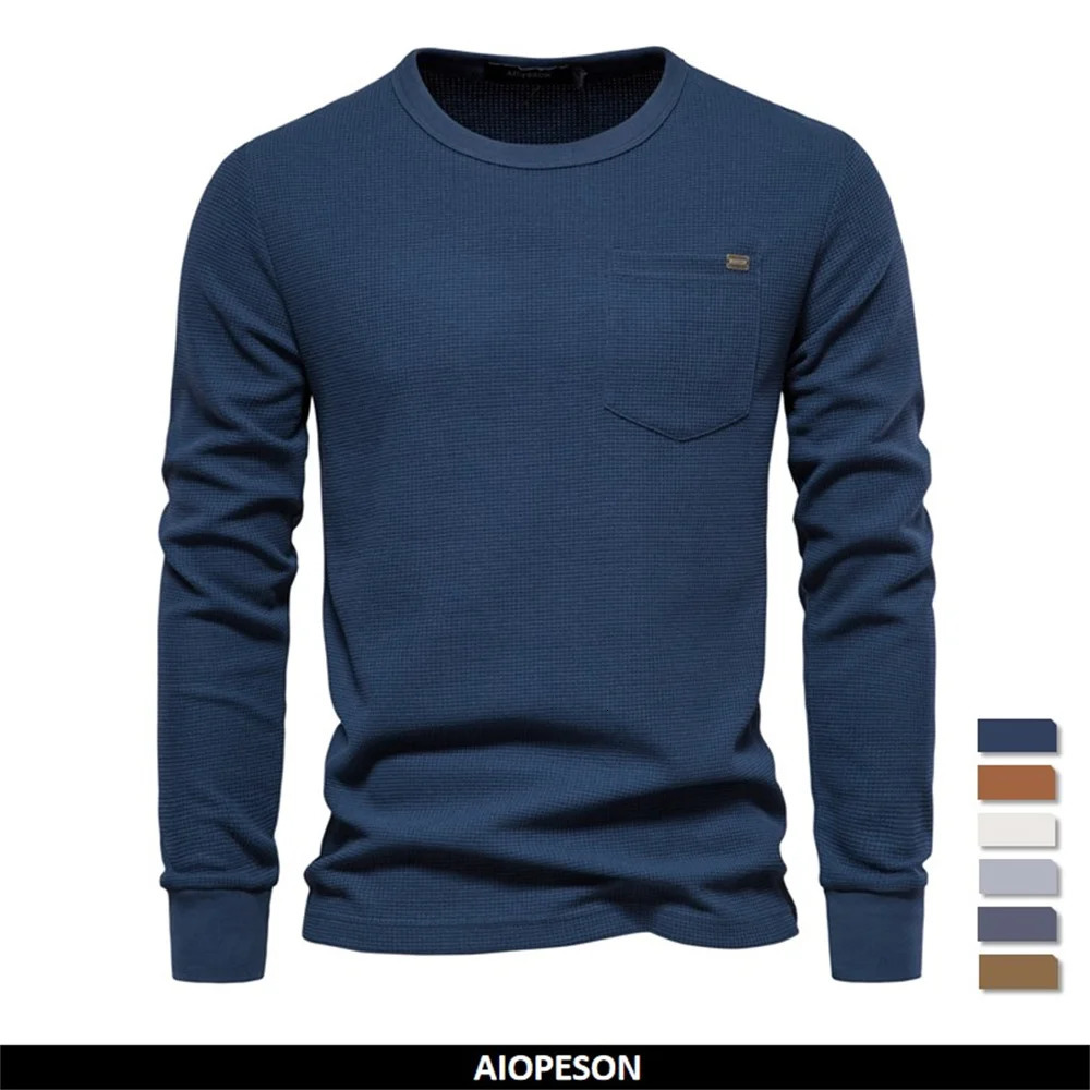 Mens Waffle Cotton Long Sleeve T-Shirt - Solid Color Single Pocket n Autumn Basic Breathable Top for Casual Outfits 250728