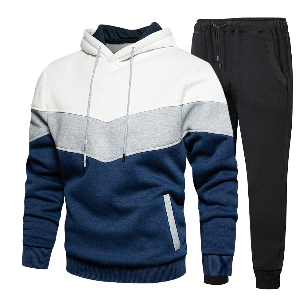 Spring and Autumn Plus Size Casual Pullover Hoodie Mens Set Mens Color Block Trendy Loose Sports Two-Piece Set