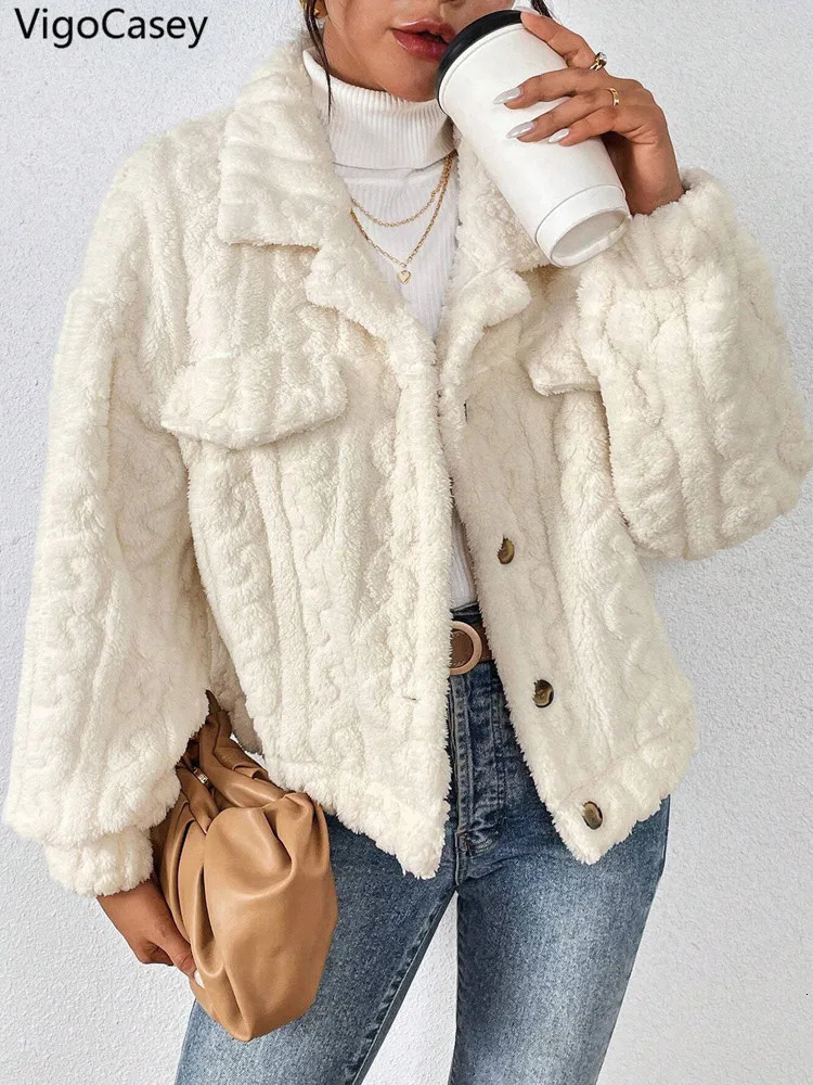 VigoCasey Autumn Women White Jacket Single Breasted Thick Plush Warm Coat Winter Loose Cardigan Soft Long Sleeve Lady Coat 250724