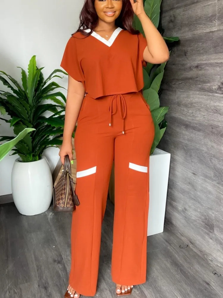 Elegant Womens Casual Short Sleeve T-shirt Sports Suit Summer Fashion Solid V Neck Short Top Straight Pants Two Piece Sets 250724