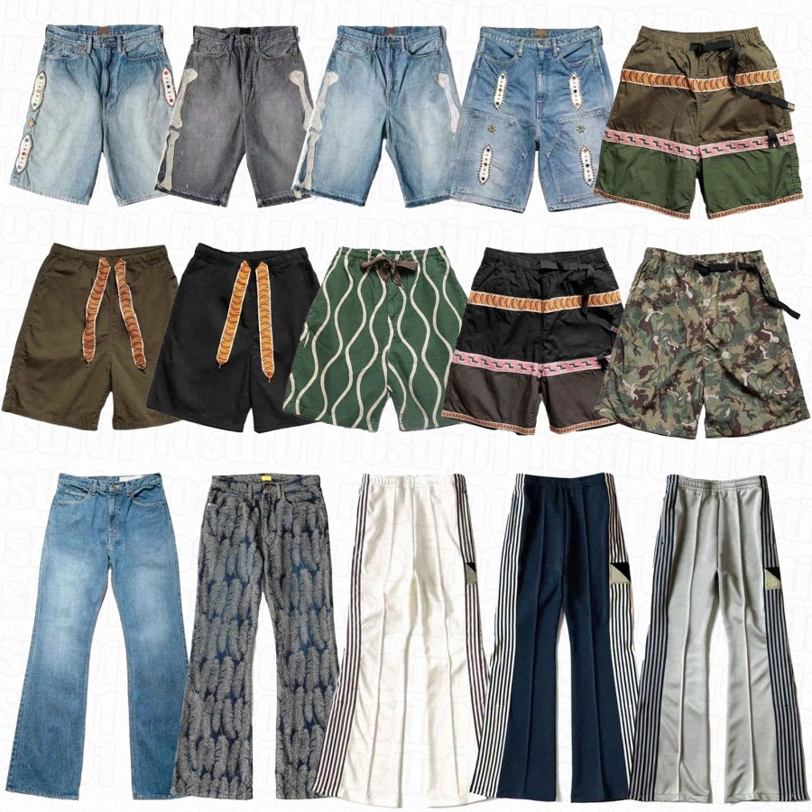 mens Shorts KAPITAL Blue Dyed Retro Distressed Loose Rivet-Inlaid Gemstone Denim Cotton jeans Jacquard feather pants bell bottoms Nylon 34Wb#