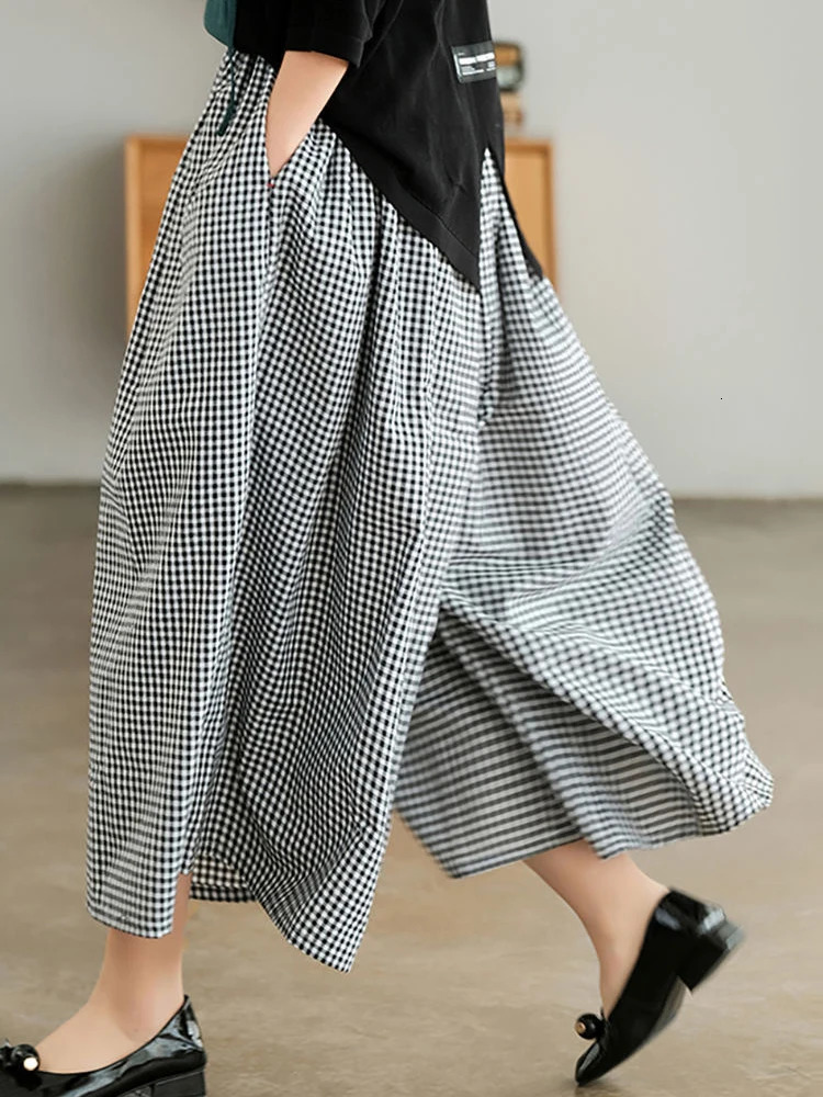 Elegant Woman Dress Plaid Pants Thin Cotton Linen Wide Leg Trousers Women Summer High Waist Baggy Jogger Sweatpants 250715