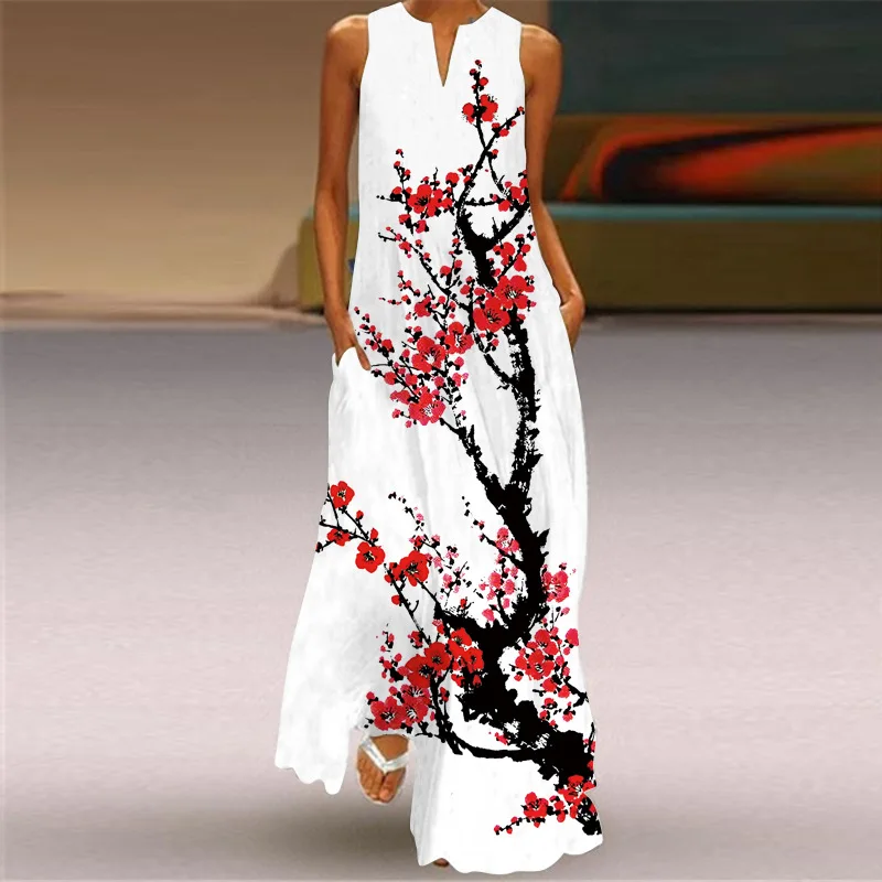 Summer sans manches longues robes imprimées élégante dame V V poche de cou boho plage crayon de soleil