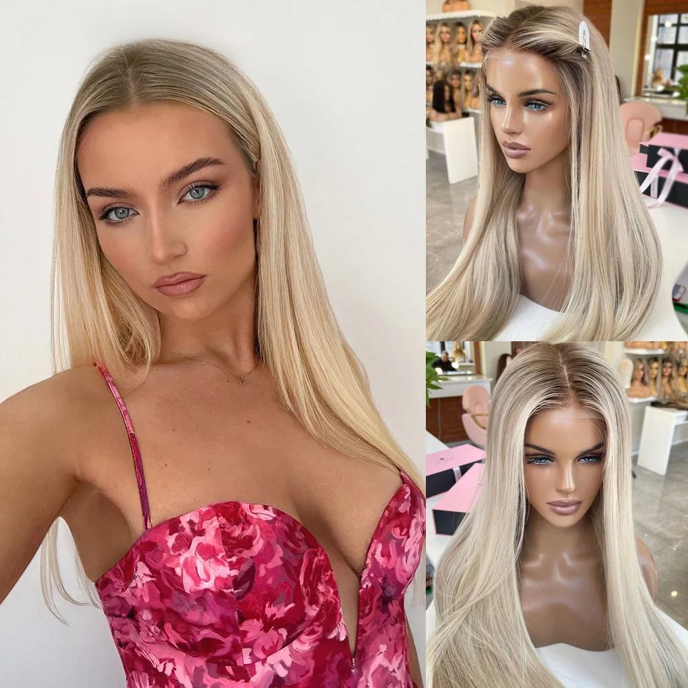 Glueless Platinum Blonde Full Lace Human Hair Highlight Silver Grey Straight Ready To Go Ash Blonde 13x4 Synthetic Transparent HD Lace Front Wig