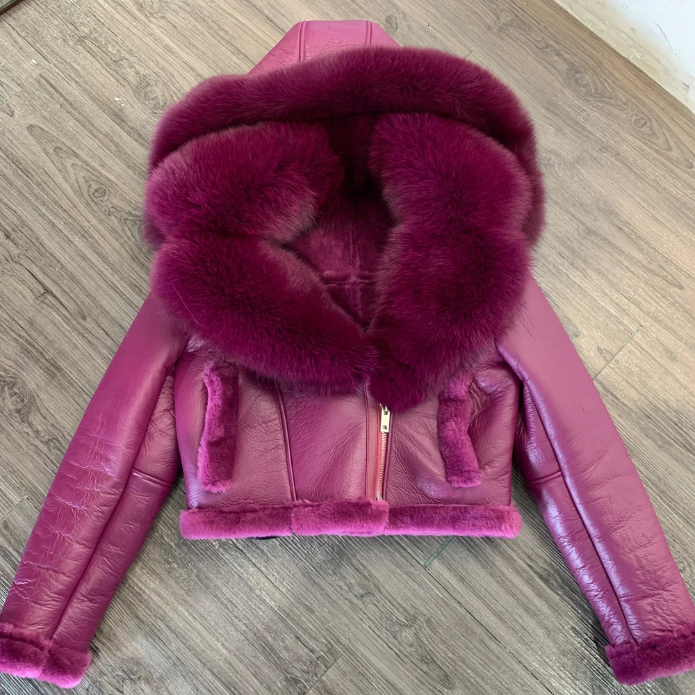 21-25 Shearling Jacket Womens Shearling Cloth With Big Fur Collar and Hooded 250725