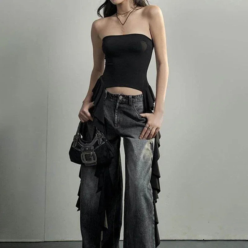 Y2K Tank Tops Asymmetrical Fringed Ruffle Top Streetwear Black Strapless Womens Summer Clothes Women 250715