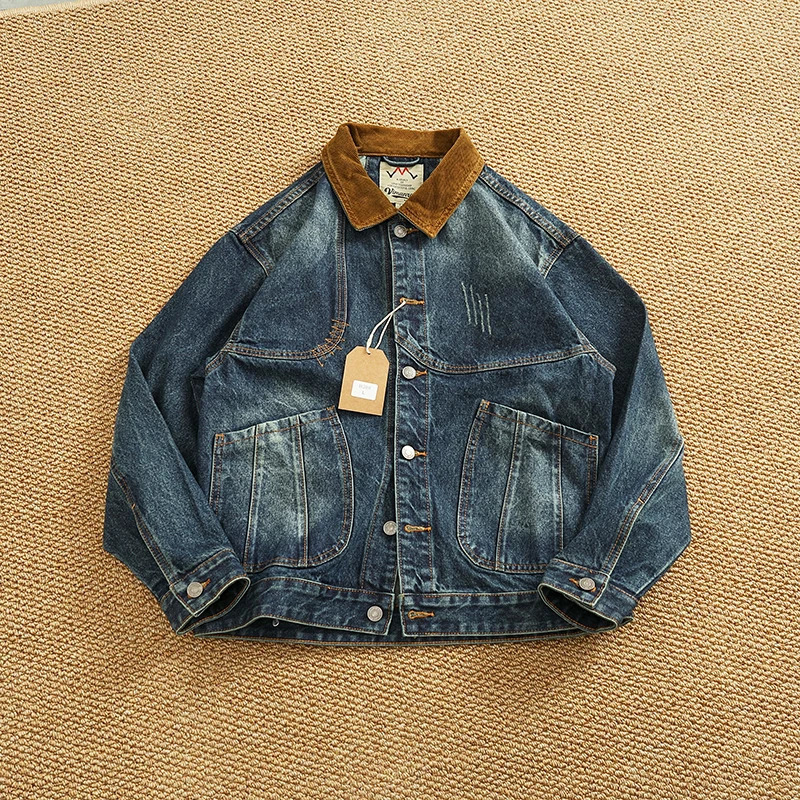 Spring American Retro Heavyweight Neckline Contrast Color Corduroy Washed Old Cargo Denim Jacket Mens Lapel Casual Coat 250728