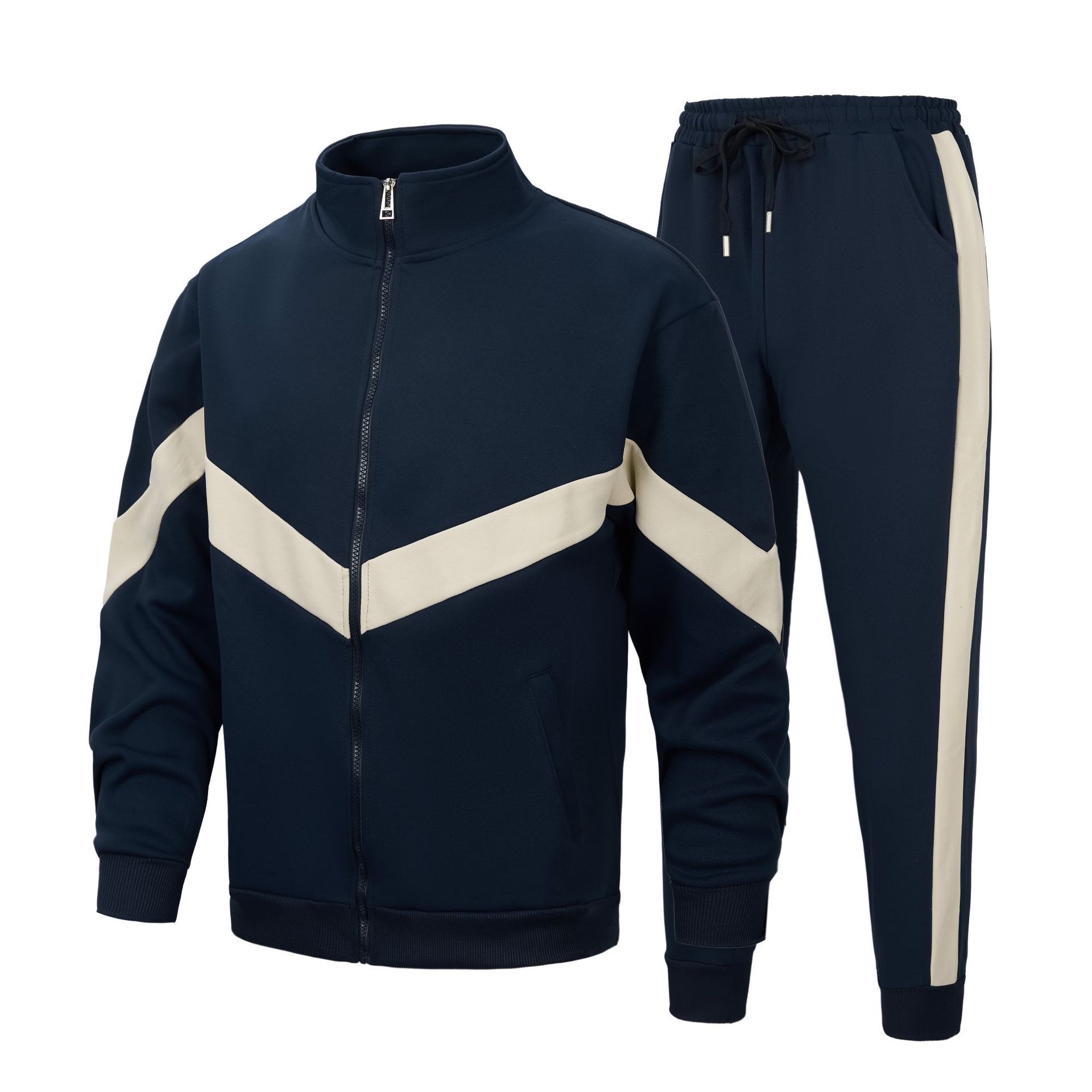Mens 2025 Autumn Winter New Youth Color Block Patchwork Stand Collar Sports Suit Casual Loose Two-Piece Set