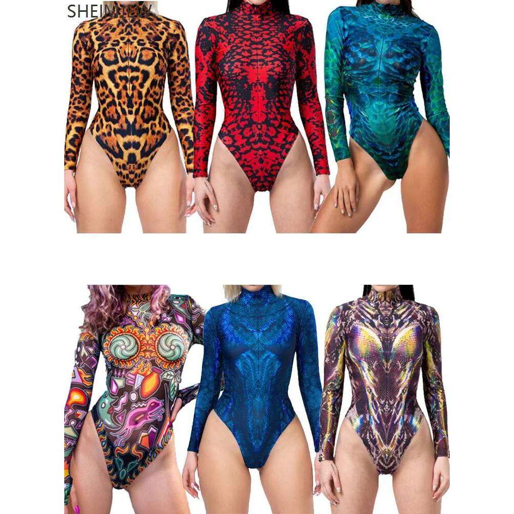 Women's Mesh Surf Sports Swimwear Leopard Snakeskin Pea Print Long Sleeve Top See-through Sexy Swimsuit Bodysuit