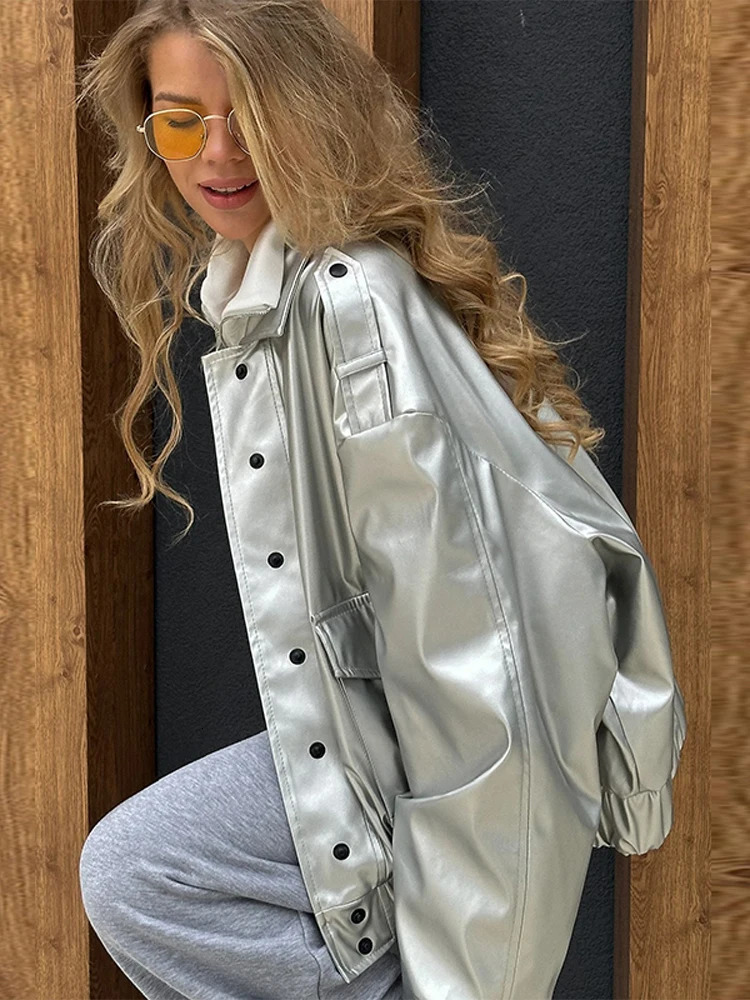 Womens Casual Solid Oversized Pu Leather Jacket Fashion Lapel Single Breasted Pocket Coat Lady Autumn Chic Street Outwear 250724