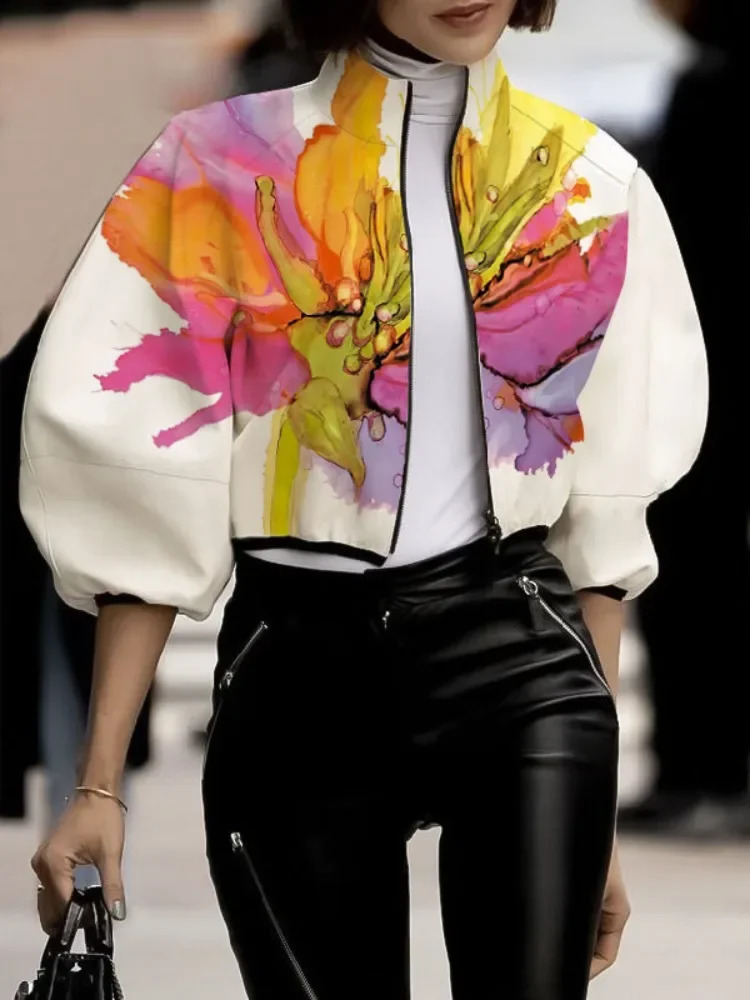 Womens Autumn Jacket Floral Printed High Neck Puff Sleeves Coat Zippered Half Sleeve Loose Fit Outerwears 250724