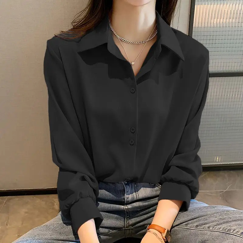 Black Chiffon Shirts For Women Spring Solid Long Sleeve Shirts Korean Fashion Ladies Blouse Simple Female Clothing Tops250723