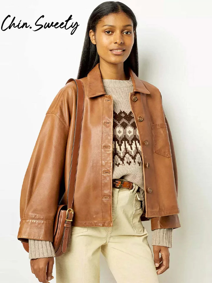 Locomotive Pu Leather Women Jacket Lapel Single Breasted Long Sleeve Female Coat Spring Autumn Street Lady Outwears 250724
