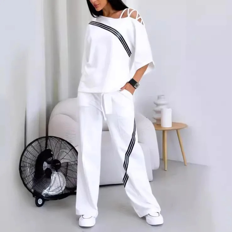 Fashion Two-piece Womens White Sports Suit Sexy Off Shoulder Loose Sports Shirtcasual Pants Cotton Sportswear Womens 250724