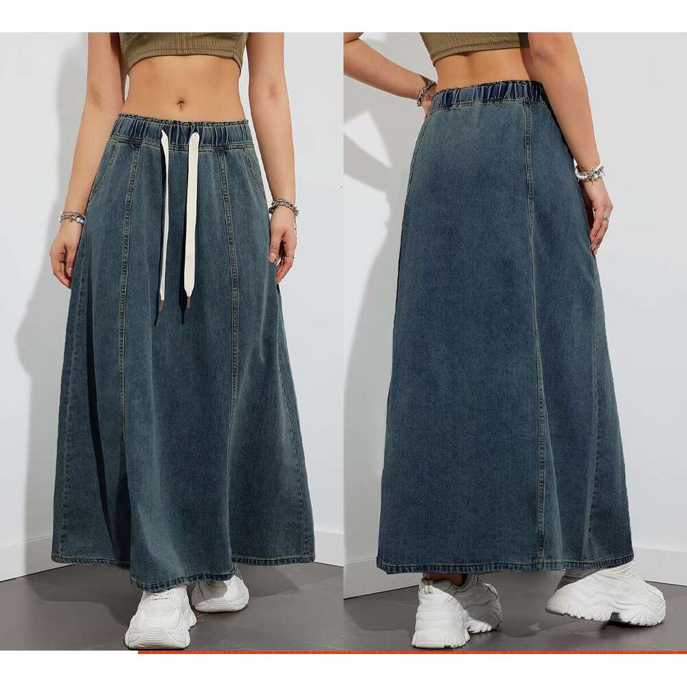 Foreign Trade European and American Style Design Elastic Waist Loose Big Hem Denim Women's Casual Long Skirt