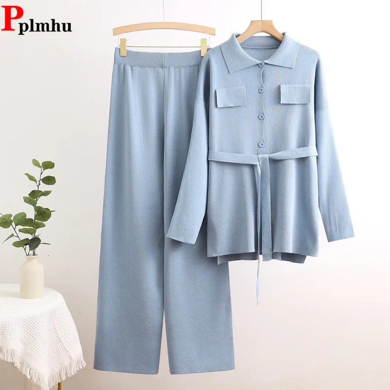 2 Piece Knitted Sets for Women Korean Single Breasted Knitwears Sweater Cardigan Tops Suits High Waist Wide Leg Pants Outfit 250724