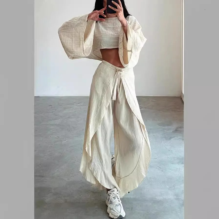 Spring Casual Solid Cotton Linen Suit Summer O Neck Crop TopLace-up Ruffle Pants Outfit Sets for Women Flare Sleeve Hollow 2pcs 250724