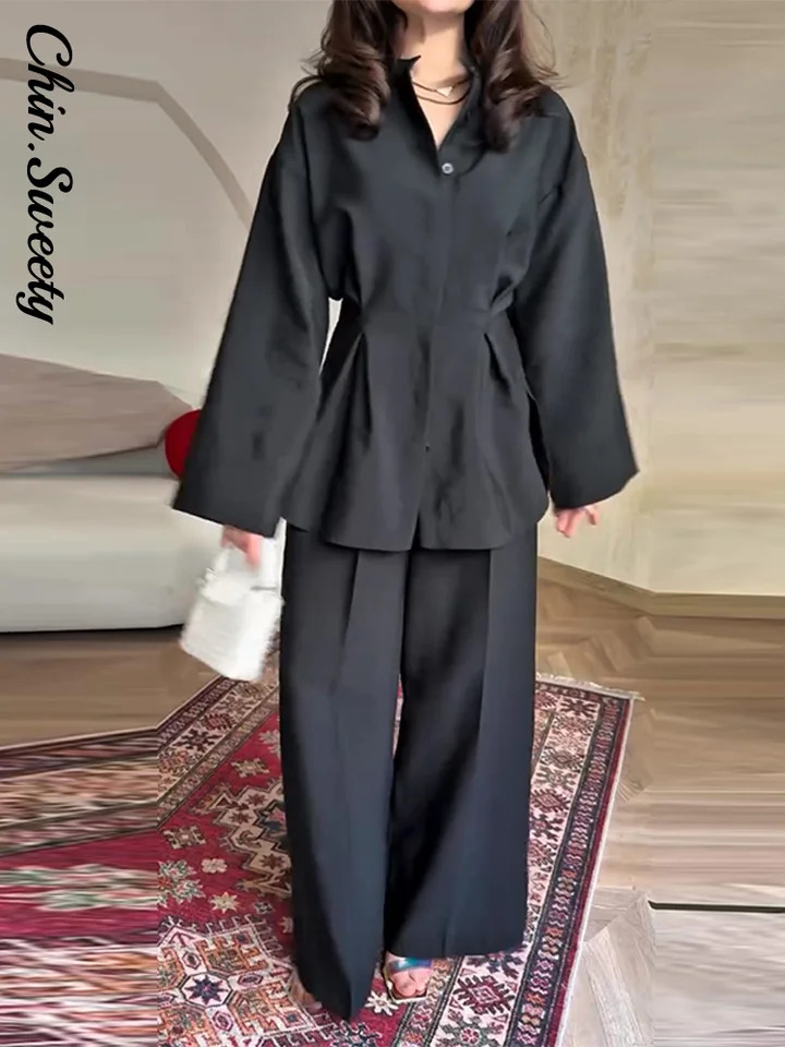 Casual Womens WaistClosed Trouser Suit Long Sleeve Button Pleated Wide Leg Pants Lady Set 2025 Fashion 2 Pieces Women 250724