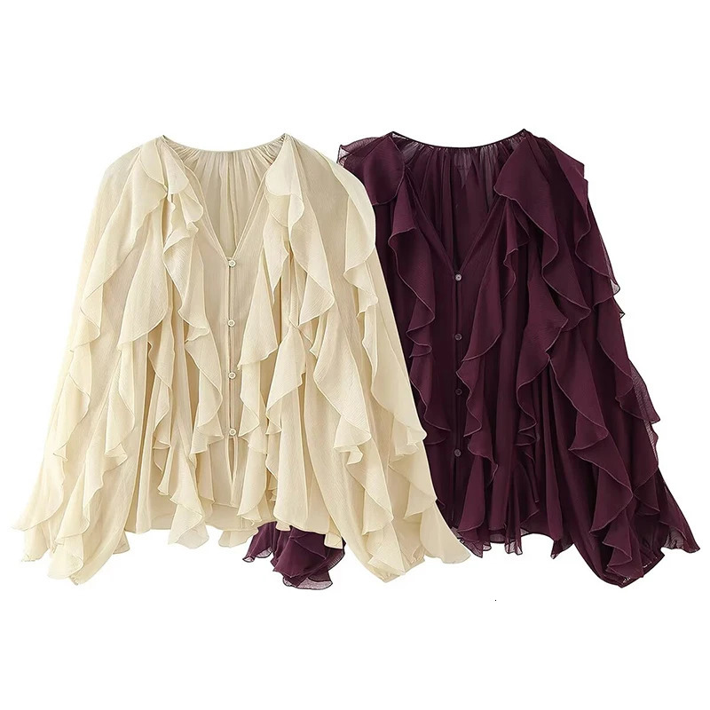 YENKYE 2025 Women Sexy Semi-sheer Ruffle Shirt Long Sleeve V Neck Front Button Spring Blouse Burgundy Blusas Mujer250723