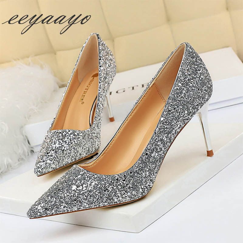 Women Pumps High Stiletto Heel Pointed Toe Sexy Ladies Bling Wedding Shoes