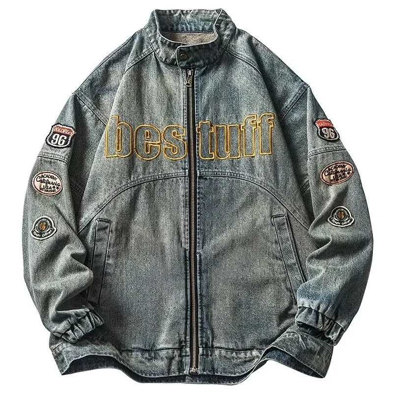 Fashionable Gentlemans Retro Motorcycle-style Zipper Jacket for Men Loose Stand-up Collar Denim Jacket for Autumn Men Jacket 250729