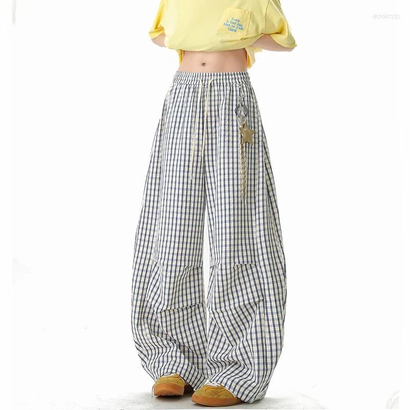 Women's Pants Y2k Cargo Women Streetwear Casual Wide Leg Harajuku Vintage Blue Check Baggy Straight Trousers Ladies Sweatpants