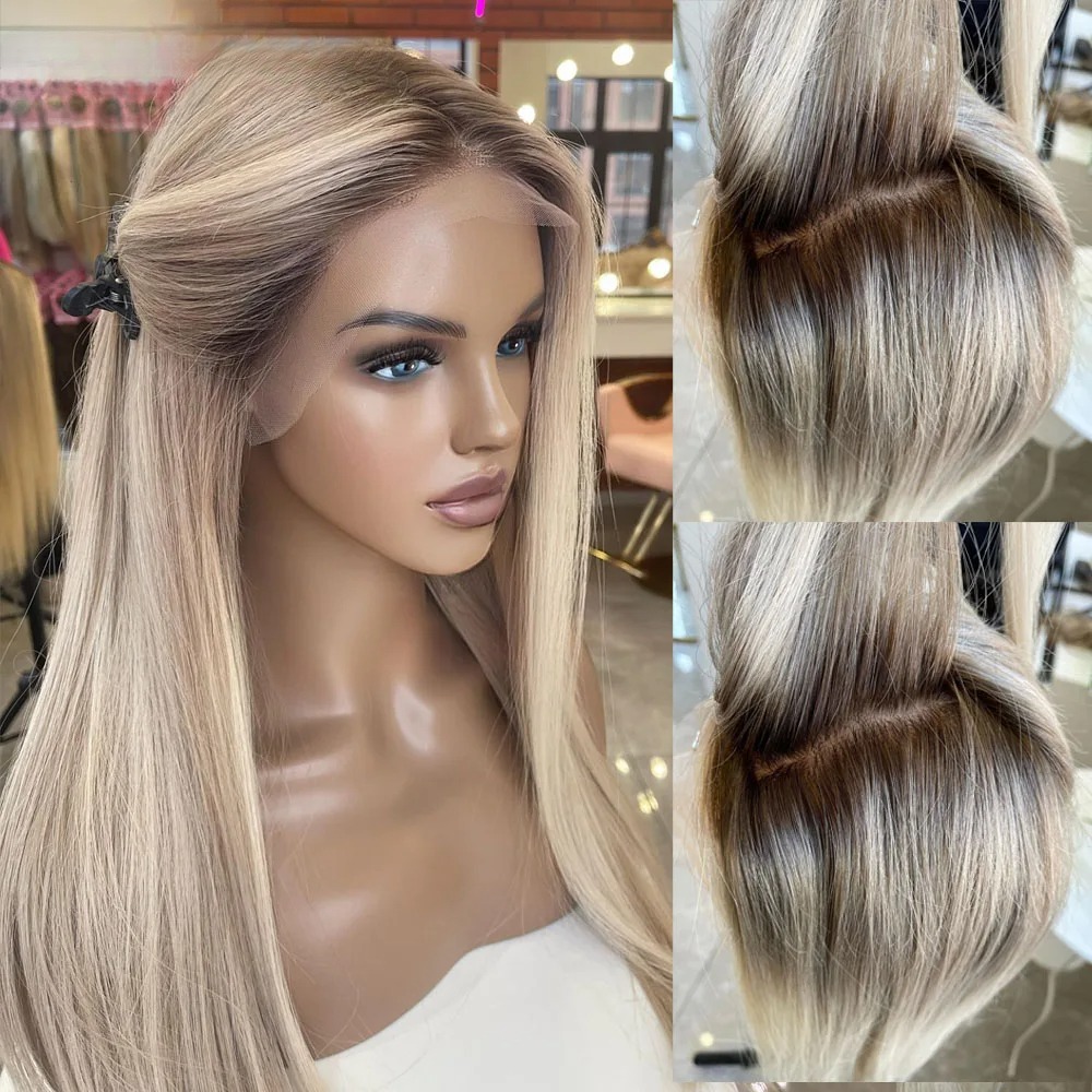 Glueless Platinum Blonde Full Lace Human Hair Highlight Silver Grey Straight Ready To Go 13x4 Synthetic Transparent HD Lace Front Wig