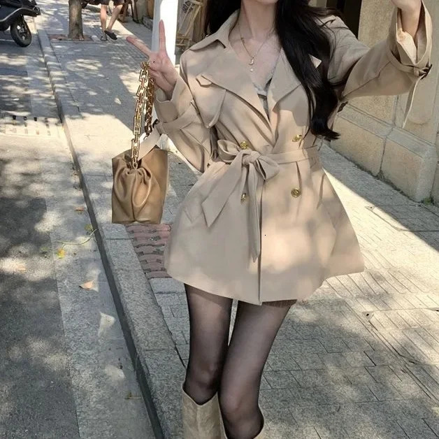 Elegant Khaki Windbreaker Jacket Womens Spring Autumn Petite High-End Feel Casual Cropped Overcoat Korean Style 250724