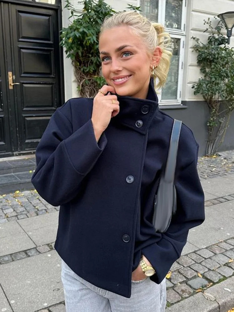 Women Fashion Stand Collar Woolen Jacket Single Breasted Long Sleeve Female Coat Autumn Chic Street Office Short Outerwears 250724