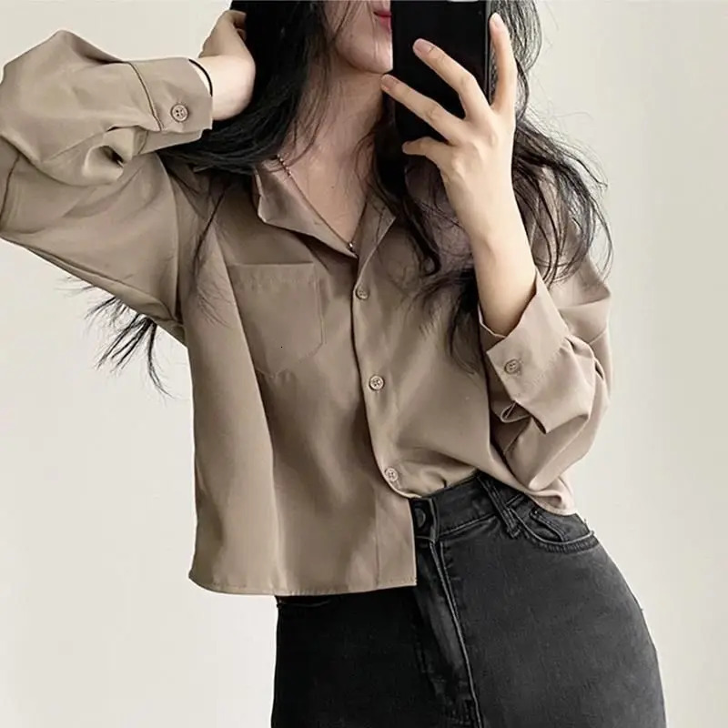 Simple Single Breasted Loose Casual Solid Long Sleeved Shirt And Blouse Office Lady Trend Short Top Simple Elegant White Clothes250723