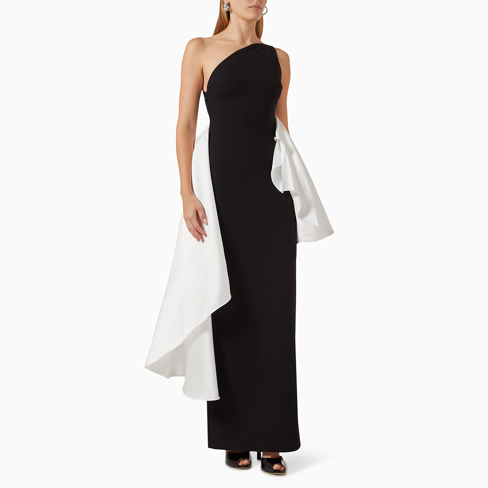 White Black Formal Evening Dress for Woman Column One Shoulder Elegant Gown Maxi Ruffles Sleeveless Prom Gown