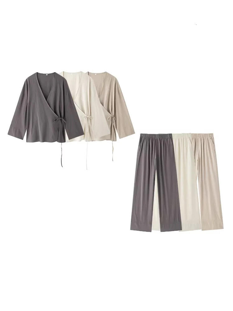 TRZA Women Fashion With Tied Loose Kimono Blouses And High Elastic Waist Side Pockets Pants Female Two Piece Sets Mujer 250724