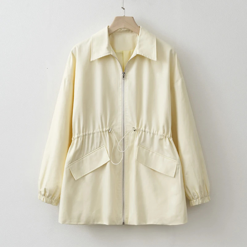 Women Spring / Autumn Light Yellow Adjustable waist Zip Jacket 250724