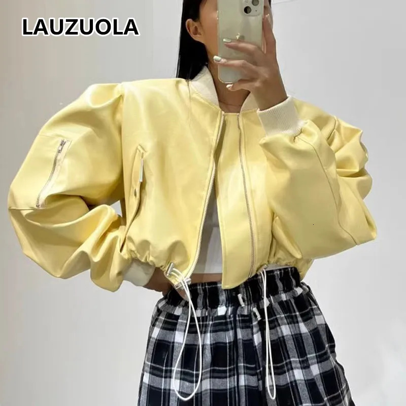 Korean Style Drawstring Loose PU Leather Cropped Jacket Autumn Winter Fashion Women Long Sleeved Motorcycle Short Coat 250724