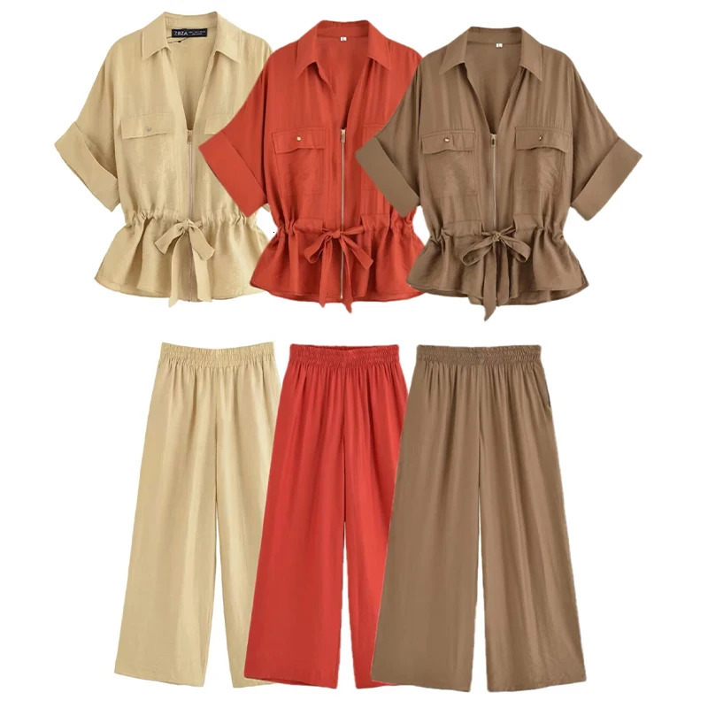 Willshela Women Fashion 2 Piece Set Solid Front Zipper Shirts Vintage High Elastic Waist Trousers Feamle Chic Lady Pants Sets 250724