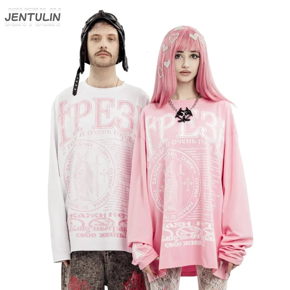 Oversized Mens Clothing Streetwear Print Autumn Hip Hop Korean Long Sleeve Y2k Top Cotton Graphic Unisex Pink Tshirt Goth 250728