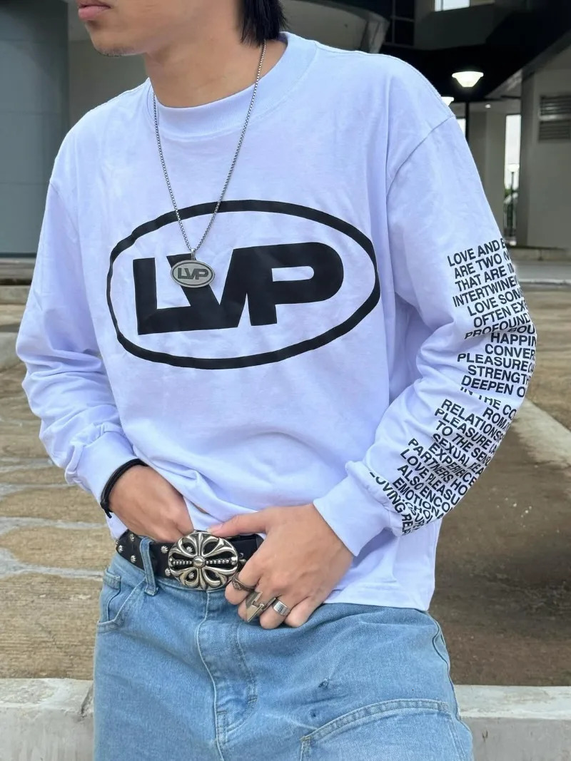 The Harajuku Y2K letter pattern printed loose long-sleeved Gothic high street men casual pullover retro hip-hop punk T-shirt 250728