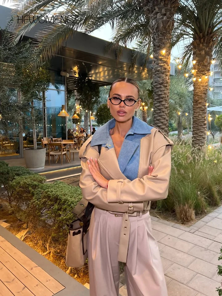 Street Contrast Leather Jacket Women Casual Long Sleelve Patchwork Lapel Coats Female Summer Autumn Lady Evening Outwears 250724