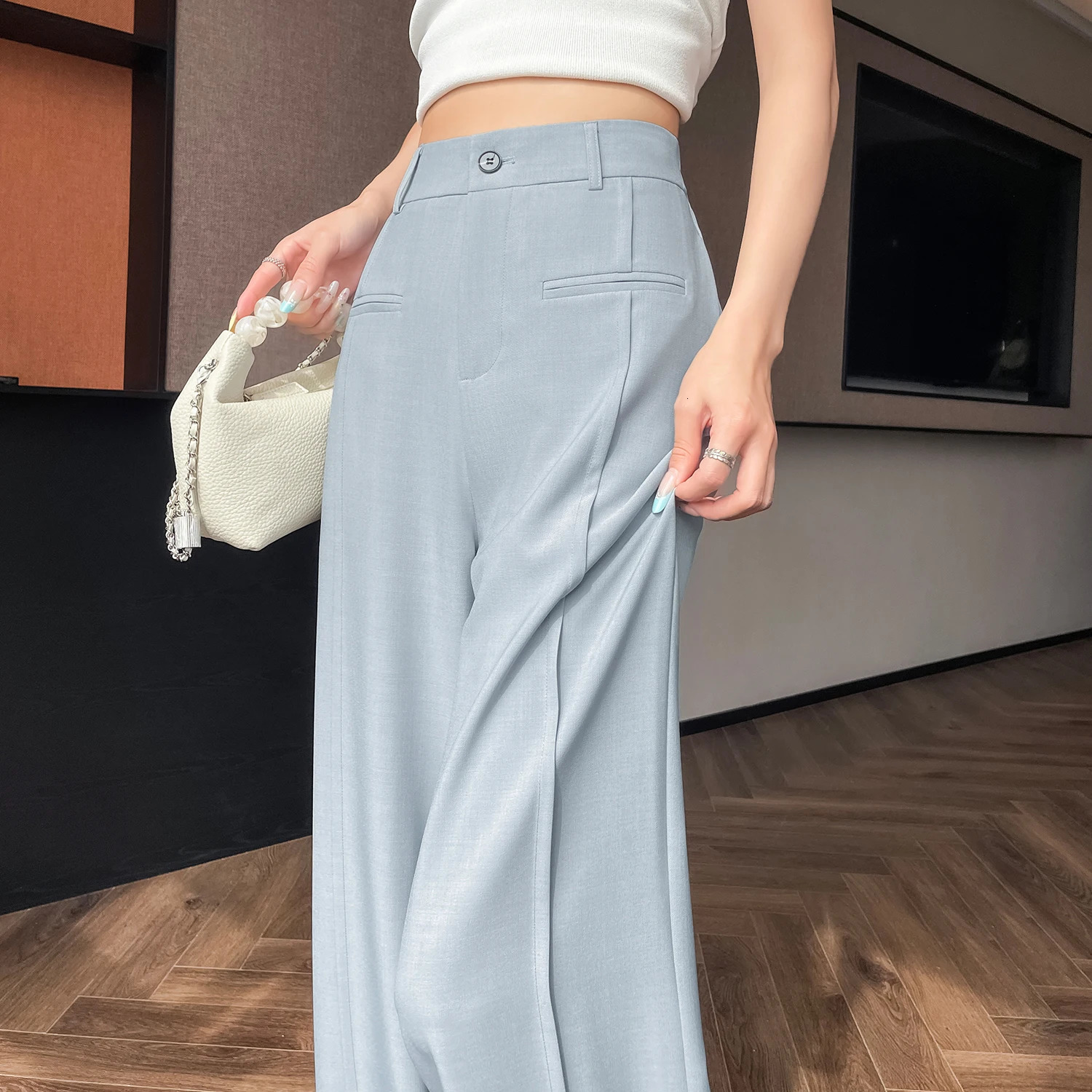 High Waist Suit Wide Leg Womens Full Length Pants Spring Summer Blue Elegant Minimalism Straight Loose Trousers Female 250715