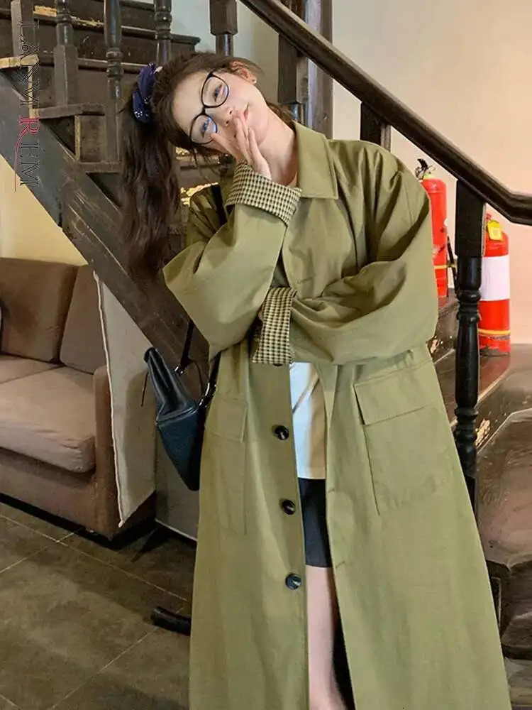 LANMREM Vintage Womens Trench Coat Lapel Cuff Plaid Patchwork Korean Style Causal Windbreaker Fashion Spring 2DE190 250724