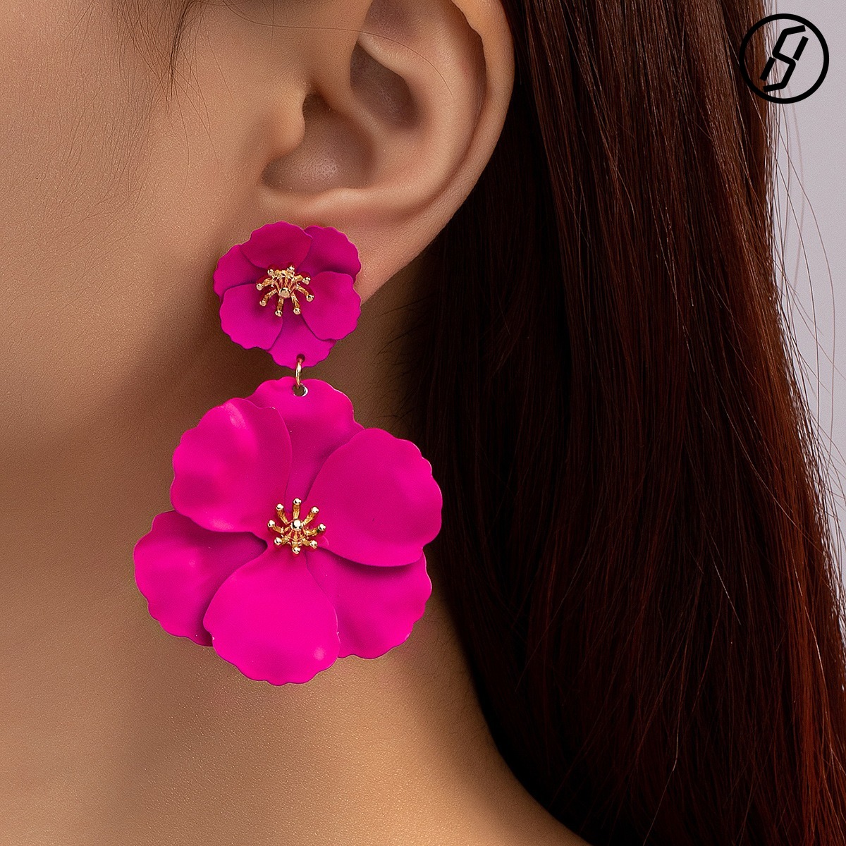 European and American Cross-border New Style Forest Retro Long Temperament Color Flowers Multi-layer Creative Ear Clip Earrings Designer Women'