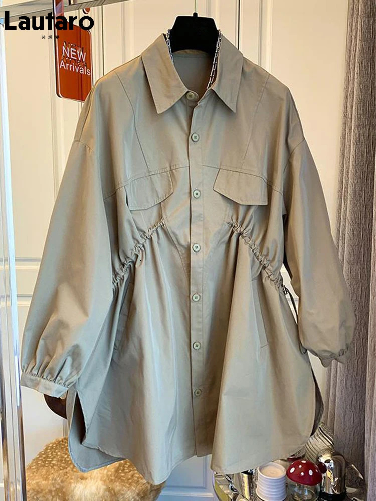 Lautaro-Khaki Trench Coat for Women Oversized Khaki Shirt Drawstring Casual Loose Fashion One Size Spring Autumn 250724