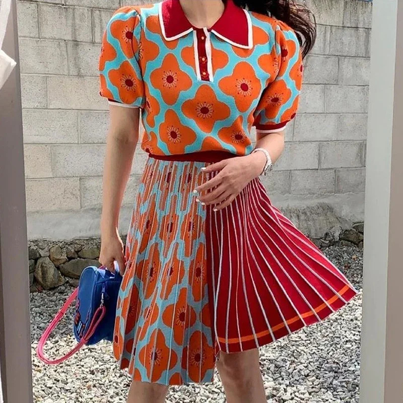 Women Contrast Color Retro Floral Puff Sleeve Sweater Knitted Shirts Pullovers Tops High Waist Pleated A-Line Skirt 2pcs Set 250724