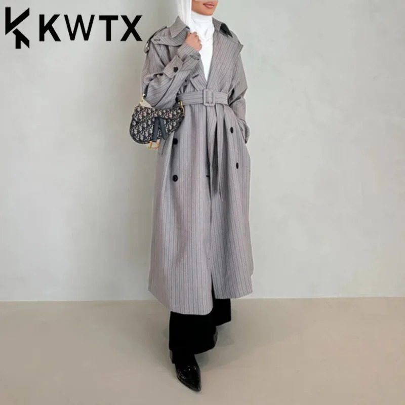 KWTX Womens Summer Striped Trench Coat With Belt Elegant Jacket Ladies Casual Outerwear Kuwait Fashion 250724