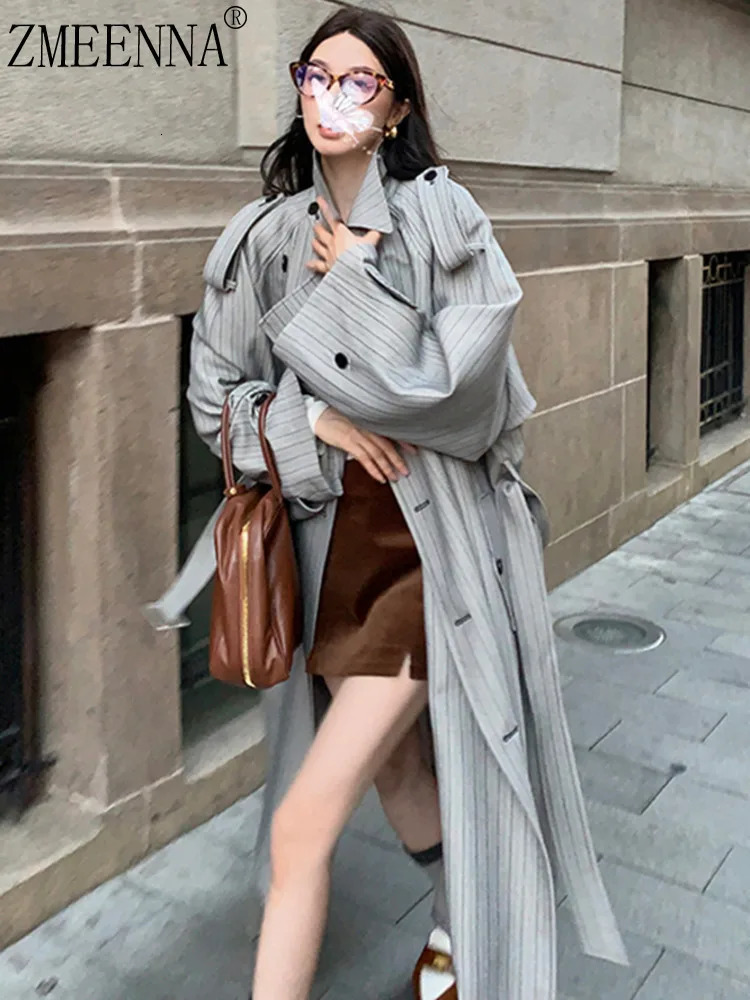 ZMEENNA Womens Stylish Pinstripe Double Breasted Long Trench Coat With Belt Classic Lapel Outerwear Casual Dustcoat Chic ZM1053 250724