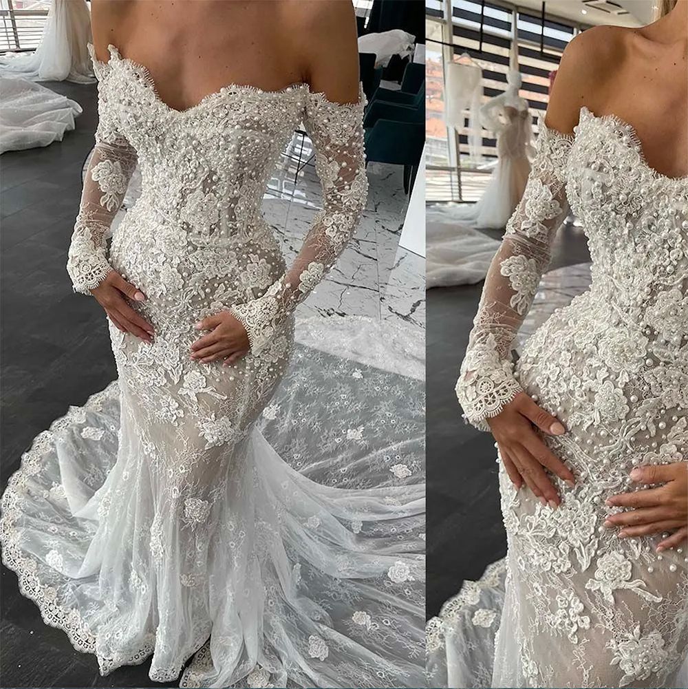 2025 Gorgeous Mermaid Wedding Dresses Bridal Gown Long Sleeves Lace Applique Pearls Beaded Off the Shoulder Custom Made Beach Country Plus Size vest